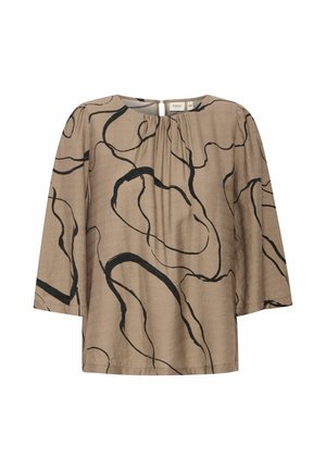 Blusa marrón con patrones de líneas abstractas en negro, cuello redondo, pliegues en los hombros y mangas tres cuartos. Detalle de ojal en la espalda.