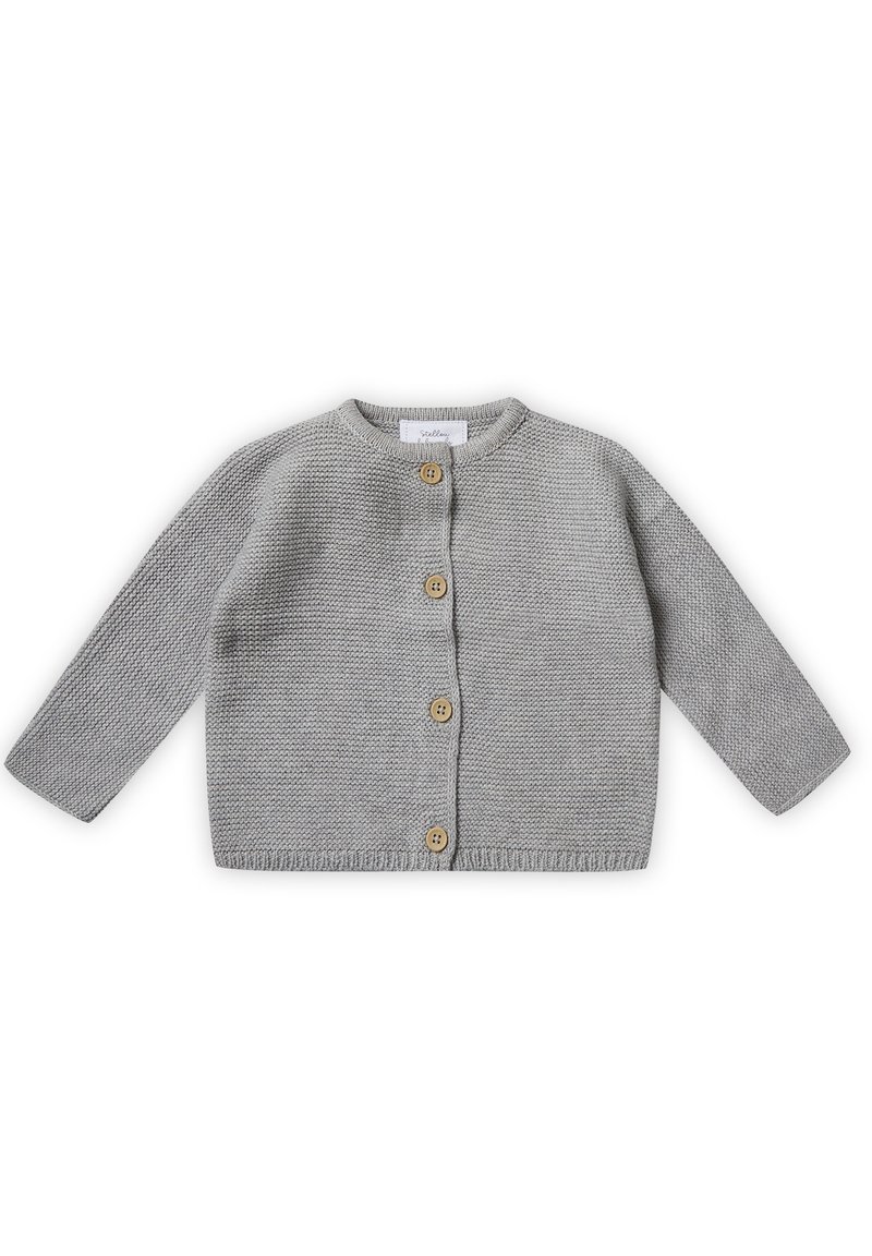 Grauer gestrickter Cardigan mit langen Ärmeln, rundem Hals und fünf Holzknöpfen auf der Vorderseite. Strukturierter Stoff mit einem gemütlichen Finish.