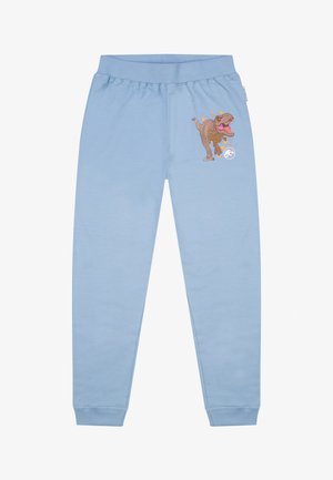 Jasnoniebieskie spodnie dresowe z elastycznym pasem, z nadrukiem dinozaura i logo po lewej stronie. Miękki materiał bawełniany, zwężane nogawki.