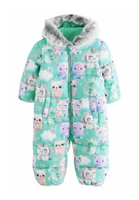 Světlonzelený zateplený snowsuit s umělou kožešinou na kapuci, zdobený barevnými karikaturami zvířat a mraků v opakovaném vzoru. Zapínání na zip a kapsy.
