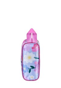 Trousse à crayons avec un motif floral sur fond violet clair, fermeture éclair rose et tirettes de zip roses. Présente divers motifs de fleurs colorées.