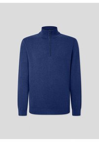 Maglione in maglia blu navy con colletto alto e zip a metà, caratterizzato da maniche lunghe e polsini e orlo a coste. Texture morbida, design minimale.