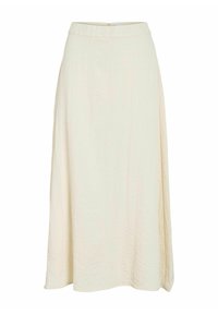 Jupe longue de couleur crème avec une texture lisse, une taille haute et une fermeture à glissière discrète au dos. Conçue pour une silhouette fluide.