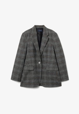 Grauer karierten Blazer mit einem Reverskragen, zwei Vordertaschen und einem Ein-Knopf-Verschluss. Der Stoff zeichnet sich durch ein strukturiertes, gewebtes Muster aus.