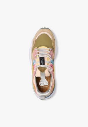 Multicolored sneaker with a mix of olive green, pink, yellow, and gray suede; features mesh panels, contrasting laces, and a textured insole.