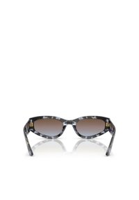 Occhiali da sole con montatura a tartaruga grigia, lenti ovali che vanno dal marrone al grigio e dettagli in oro sulle tempie.