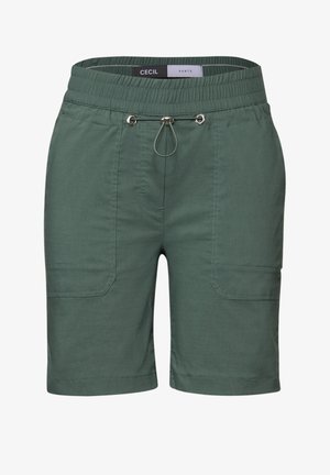Groene katoenen shorts met een elastische tailleband, verstelbaar trekkoord en twee zijzakken. Gladde textuur en casual ontwerp.