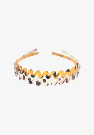 Wellige Haarband aus Kunststoff mit abwechselnden orangefarbenen, braunen und cremefarbenen Streifen; verfügt über ein flexibles, leichtes Design.