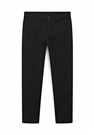 Chinos en coton noirs avec une coupe droite, fermeture à un bouton et poches latérales. Texture lisse et sans motifs visibles.
