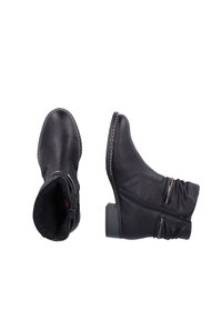 Bottines noires à talons carrés bas, fermetures éclair latérales et anneaux métalliques décoratifs, présentées vues de dessus et de côté sur fond blanc.