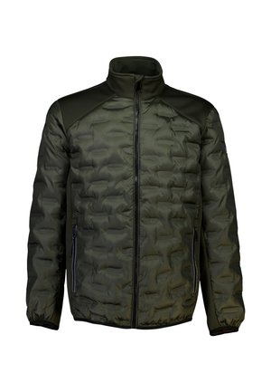 Grüne gepolsterte Jacke mit hohem Kragen, durchgehendem Reißverschluss und zwei Seitentaschen. Mit strukturierten Schulterakzenten und elastischen Bündchen.