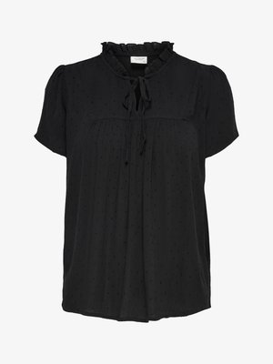 Blusa nera a maniche corte con scollatura arricciata e dettaglio con fiocco. Caratterizzata da un motivo a pois testurizzato e un design frontale plissettato. Tessuto morbido.