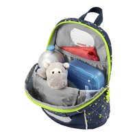 Navy backpack with green accents, featuring a star pattern. Contains a gray stuffed animal, red shirt, blue container, and silver water bottle.