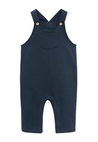 Marineblauwe katoenen overall met een voorkruiszak, verstelbare bandjes en houten knoopaccenten. Korte pijpen met ronde openingen.
