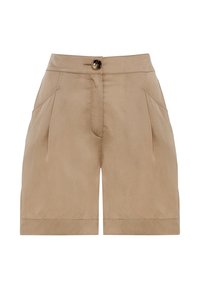 Beige shorts med rak passform, framveck, sidofickor och en enkel knappstängning i midjan. Slät tygtextur.
