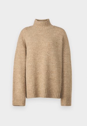 Beżowy sweter z golfem, wykonany z miękkiego, teksturowanego materiału. Posiada ściągacze u rękawów i na dole oraz luźny krój. Klasyczny i przytulny design.