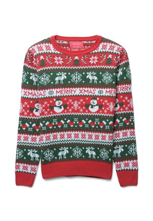 Maglione di Natale rosso e verde con motivi di fiocchi di neve, renne, bastoncini di zucchero, pupazzi di neve, cuori e il testo "BUON NATALE".