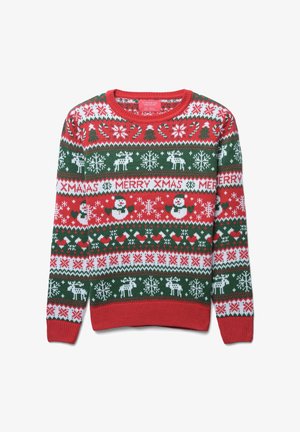 Maglione di Natale rosso e verde con motivi di fiocchi di neve, renne, bastoncini di zucchero, pupazzi di neve, cuori e il testo "BUON NATALE".