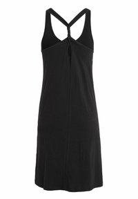 Robe noire sans manches en tissu doux, avec un dos torsadé et une coupe décontractée, dotée d'un ourlet droit.