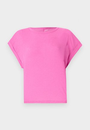 T-shirt de algodão rosa com um corte relaxado, decote redondo e mangas curtas. Textura suave e design simples, sem padrões ou detalhes visíveis.
