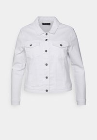 Vit denimjacka med långa ärmar, två framfickor, knappstängning och krage. Har svarta knappar för kontrast.