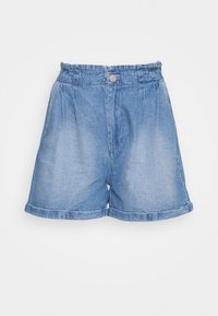 Farkkushortsit, joissa on vaalea pesu, korkea joustava vyötärö, käärityt lahkeet ja etutaskut. Sujuva rakenne, rento muotoilu.