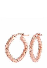 Rose gold hoop earrings with a twisted design, featuring a secure clasp and a smooth, polished finish. Diameter approximately 3 cm.