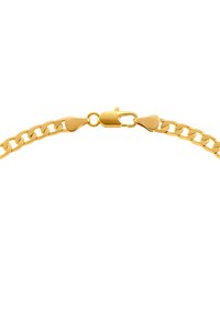 Bracelet en métal doré avec des maillons entrelacés ; dispose d'un fermoir à lobster sécurisé, surface lisse et finition brillante.