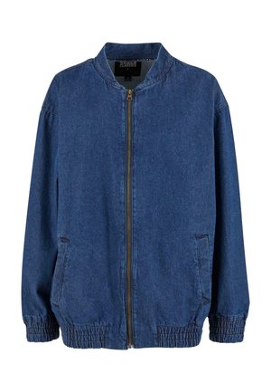 Blå denim bomberjakke med glidelås foran, elastiske ermer og sidelommer; har stående krage og en avslappet passform.