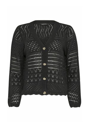 Cárdigan negro de punto tipo crochet con botones, escote en V y mangas largas, con patrones de chevron y puntos.