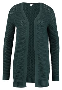 Dunkelgrüne Strickjacke mit offener Vorderseite, strukturiertem Muster und gerippten Bündchen. Lange Ärmel und lockerer Schnitt für mehr Komfort.