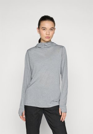 Gray long-sleeve top with a hood, made from lightweight fabric. Features a relaxed fit and thumbholes in the cuffs.
