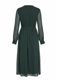 Robe midi vert foncé avec manches longues transparentes, ceinture à la taille, poignets boutonnés et tissu fluide vue de dos.