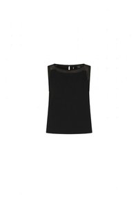 Top senza maniche nero con scollatura rotonda, realizzato in tessuto morbido, con dettagli in rete trasparente sulle spalle. Design semplice e dritto.