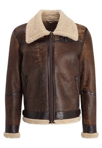 Veste en cuir marron avec un col en peau lainée beige, fermeture éclair et coutures horizontales. Comprend des accents en cuir sur les poignets et l'ourlet.