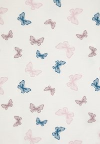 Cotton fabric with a white background, featuring pink, blue, and mauve butterfly outlines in various positions and sizes, creating a scattered pattern.
