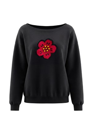 Felpa nera a maniche lunghe con scollo ampio e un grande fiore rosso con puntini gialli ricamato al centro davanti.