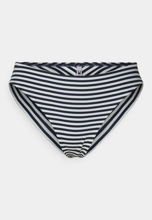 Bas de bikini rayé en bleu marine et blanc. Présente une jambe haute et une ceinture décorative. Fabriqué à partir d'un tissu doux et extensible.