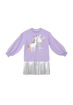 Barnets langærmede lavendelkjole med sølv plisseret nederdel og print af en enhjørning og en ballettdansende kanin med blomsterhårbånd.