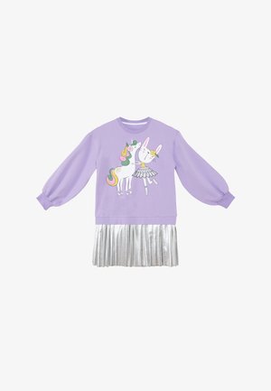 Barnets langærmede lavendelkjole med sølv plisseret nederdel og print af en enhjørning og en ballettdansende kanin med blomsterhårbånd.