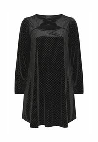 Schwarzes Samtkleid mit langen Ärmeln, gepunktetem Muster, Rundhalsausschnitt, Schleifendetail auf der Brust, fließender Silhouette und gerafften Manschetten.