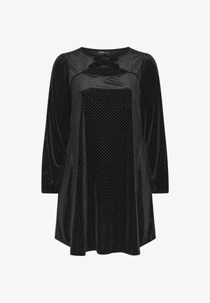 Schwarzes Samtkleid mit langen Ärmeln, gepunktetem Muster, Rundhalsausschnitt, Schleifendetail auf der Brust, fließender Silhouette und gerafften Manschetten.