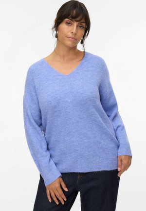 Maglione leggero blu con scollo a V, texture a coste, spalle scese e maniche lunghe, caratterizzato da una vestibilità rilassata e un orlo leggermente accorciato.