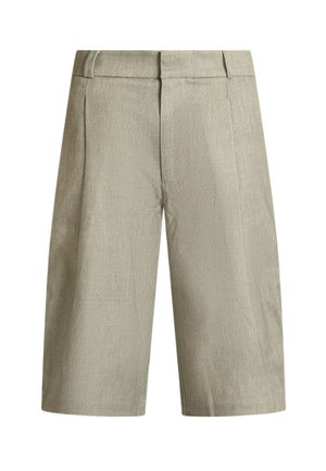 Pantaloncini beige su misura fino al ginocchio con passanti per cintura e davanti pulito, realizzati in tessuto leggero.