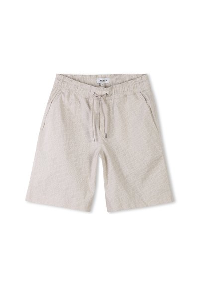 Lichtbeige shorts met een elastische tailleband en trekkoord. Opvallend wit geometrisch patroon over de stof. Gladde textuur.