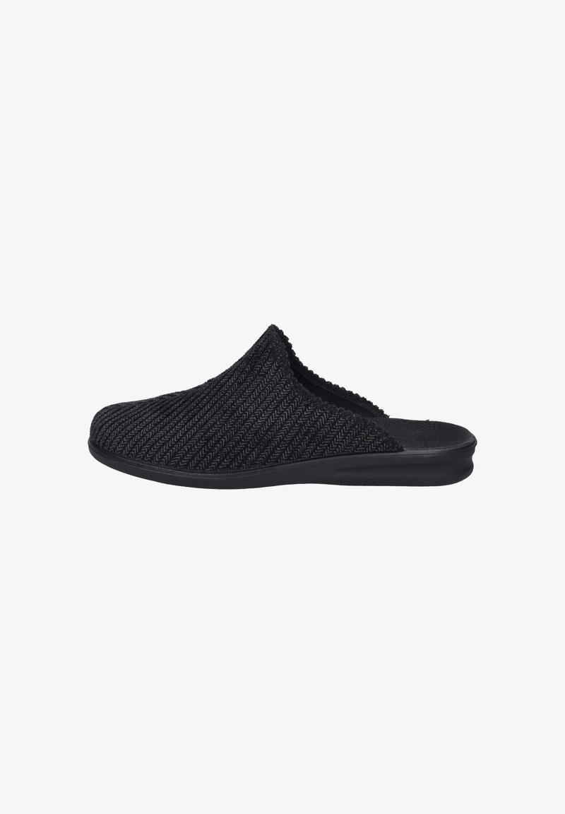 Black slip-on slipper with textured herringbone fabric upper and cushioned sole, designed for indoor comfort.