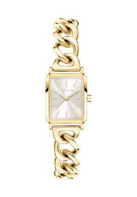 Goldfarbene Metalluhr mit rechteckigem Zifferblatt, weißem Ziffernblatt und goldenen Stundenmarkierungen. Verfügt über ein massives Gliederarmband-Design.