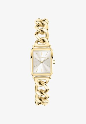 Goudkleurig metalen horloge met een rechthoekige wijzerplaat, witte wijzerplaat en gouden uurmarkeringen. Beschikt over een robuuste schakelarmband.