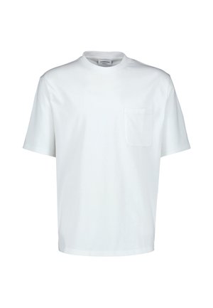Effen witte T-shirt met korte mouwen, een ronde hals en een klein zakje op de linkerborst, afgebeeld op een witte achtergrond.