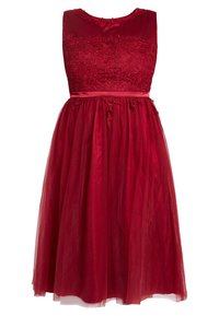 Rode jurk met een mouwloos lijfje met florale borduursels, een riem om de taille en een vloeiende tule rok. Glad en textuur materiaal.